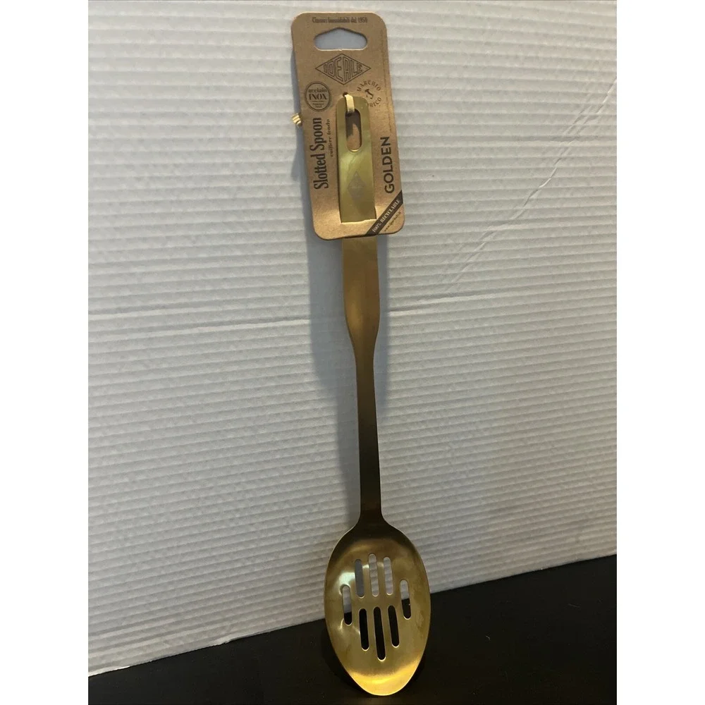 NWT Italian GOLDEN Stainless Steel Long Slotted Spoon